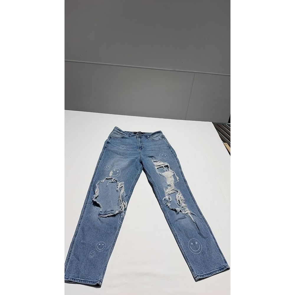Hollister Ultra High-Rise Mom Jeans Blue Distressed Smiley Face 7R W28 L27